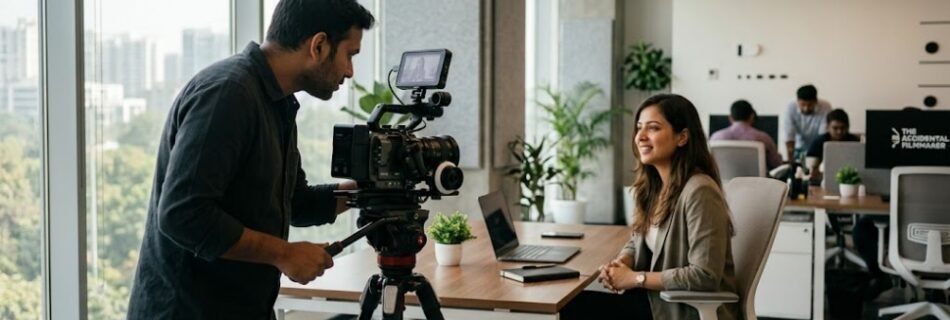 A filmmaker operating a compact cinema camera rig on a tripod, recording an intimate corporate testimonial interview with a business professional inside a modern tech startup office in Delhi NCR.