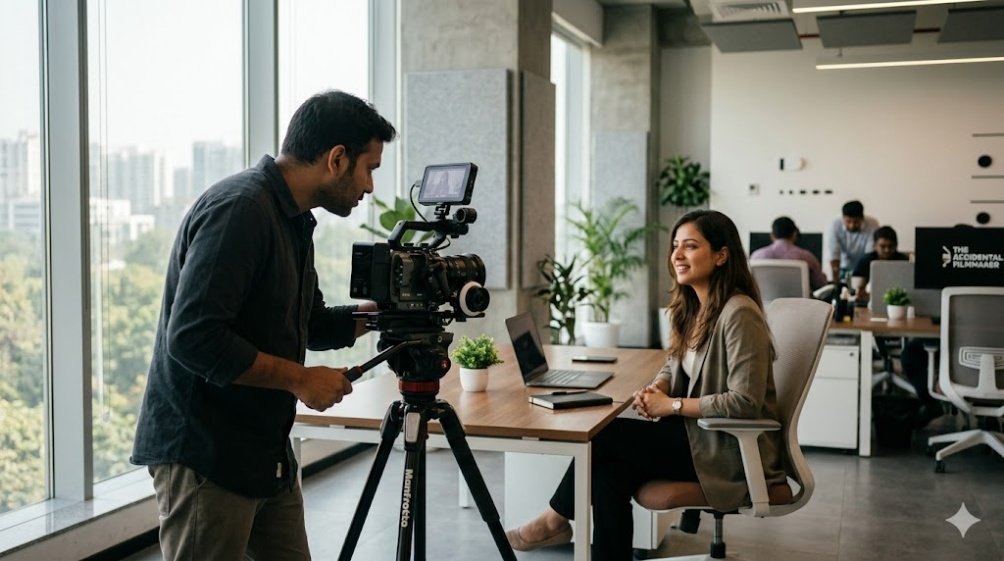 A filmmaker operating a compact cinema camera rig on a tripod, recording an intimate corporate testimonial interview with a business professional inside a modern tech startup office in Delhi NCR.