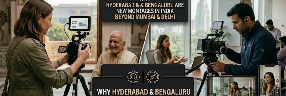 A comparison of documentary filmmaking in Hyderabad and Bengaluru. The left shows a traditional heritage courtyard shoot with a filmmaker and an elderly historian. The right shows an agile, tech-forward setup (from image_1.png) with a modern monitor displaying customized framing overlays for 16:9 and 9:16 vertical content, capturing an intimate tech startup story. A central text banner reads "HYDERABAD & BENGALURU ARE THE NEW HUBS FOR GLOBAL DOCUMENTARIES" below text about Mumbai and Delhi, highlighting decentralized access and technical fusion.