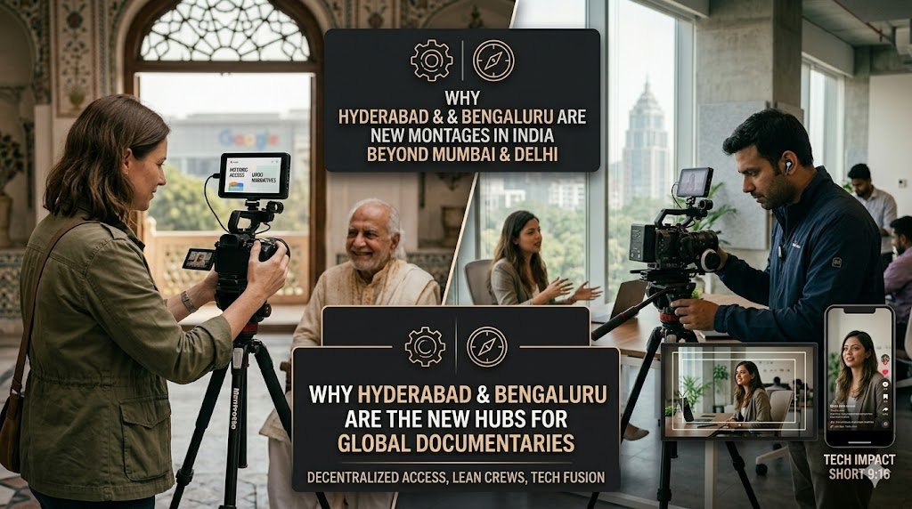 A comparison of documentary filmmaking in Hyderabad and Bengaluru. The left shows a traditional heritage courtyard shoot with a filmmaker and an elderly historian. The right shows an agile, tech-forward setup (from image_1.png) with a modern monitor displaying customized framing overlays for 16:9 and 9:16 vertical content, capturing an intimate tech startup story. A central text banner reads "HYDERABAD & BENGALURU ARE THE NEW HUBS FOR GLOBAL DOCUMENTARIES" below text about Mumbai and Delhi, highlighting decentralized access and technical fusion.
