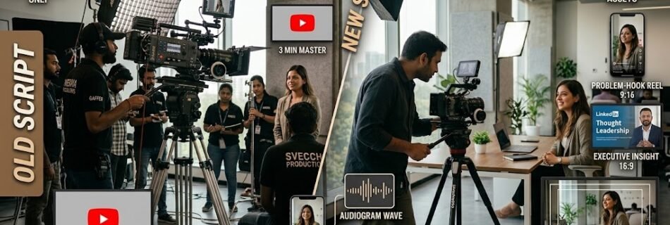 A comparison of two film production sets in India, illustrating "Single-Shoot Thinking." The left shows a heavy traditional set with one output; the right shows an agile, low-footprint crew generating multiple platform-native vertical and horizontal assets simultaneously.