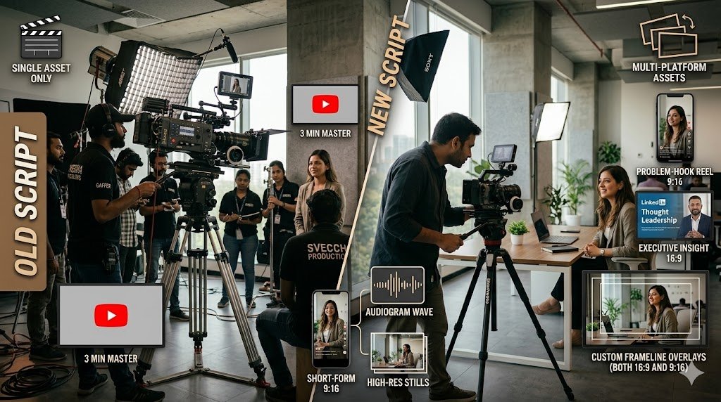 A comparison of two film production sets in India, illustrating "Single-Shoot Thinking." The left shows a heavy traditional set with one output; the right shows an agile, low-footprint crew generating multiple platform-native vertical and horizontal assets simultaneously.