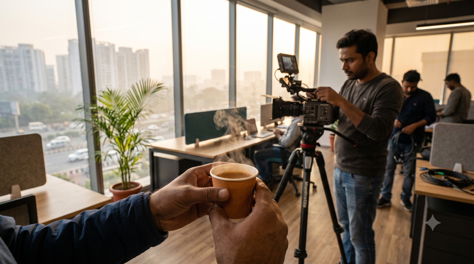 Close-up of a steaming cup of tea on a film set in India, with an agile filmmaker adjusting a compact cinema camera rig blurred in the background inside a modern office.