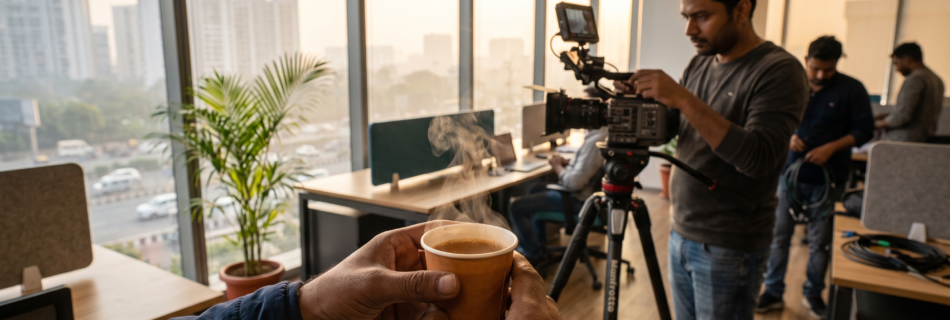 Close-up of a steaming cup of tea on a film set in India, with an agile filmmaker adjusting a compact cinema camera rig blurred in the background inside a modern office.
