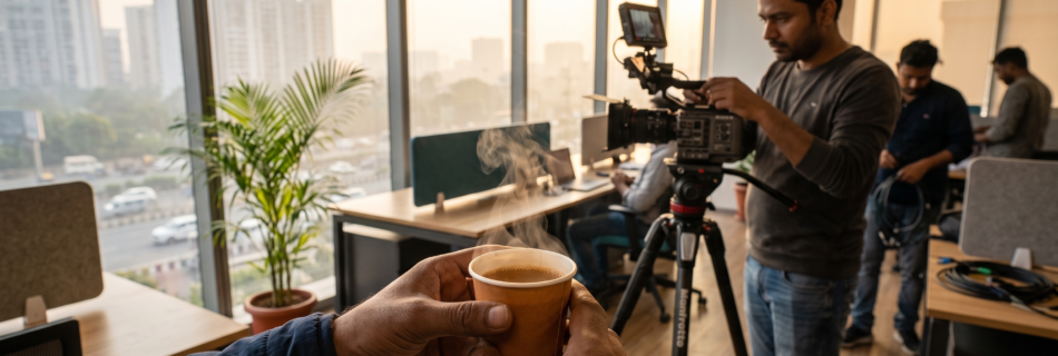 A visual illustration of sudden changes on a corporate video set in Bengaluru, India. A 'Call Sheet' is crossed out with '5 HOURS LOST' below it. Opposite this, an agile filmmaker using custom monitor overlays and a minimalist crew structure rapidement adapts to a new script, stabilizing the shoot.